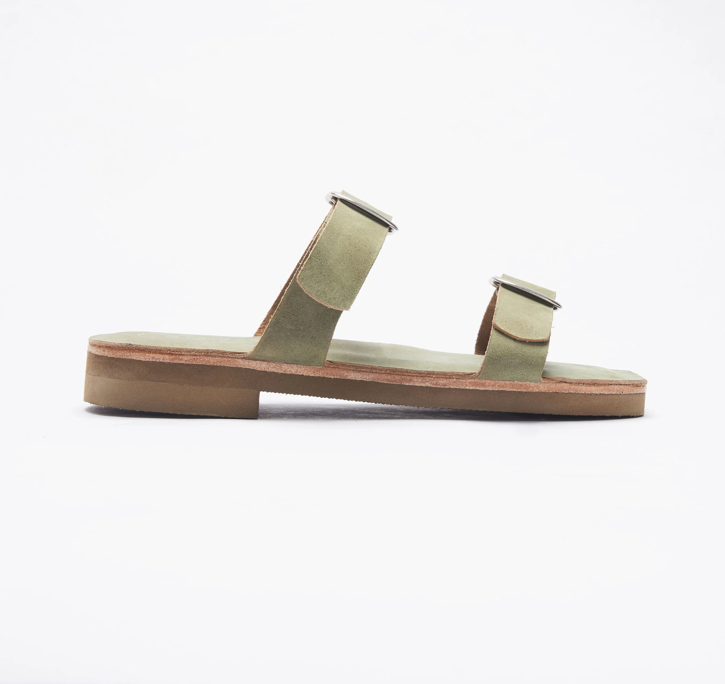 Moss green oiled leather silver double buckle slide most comfortable sandals made in NY