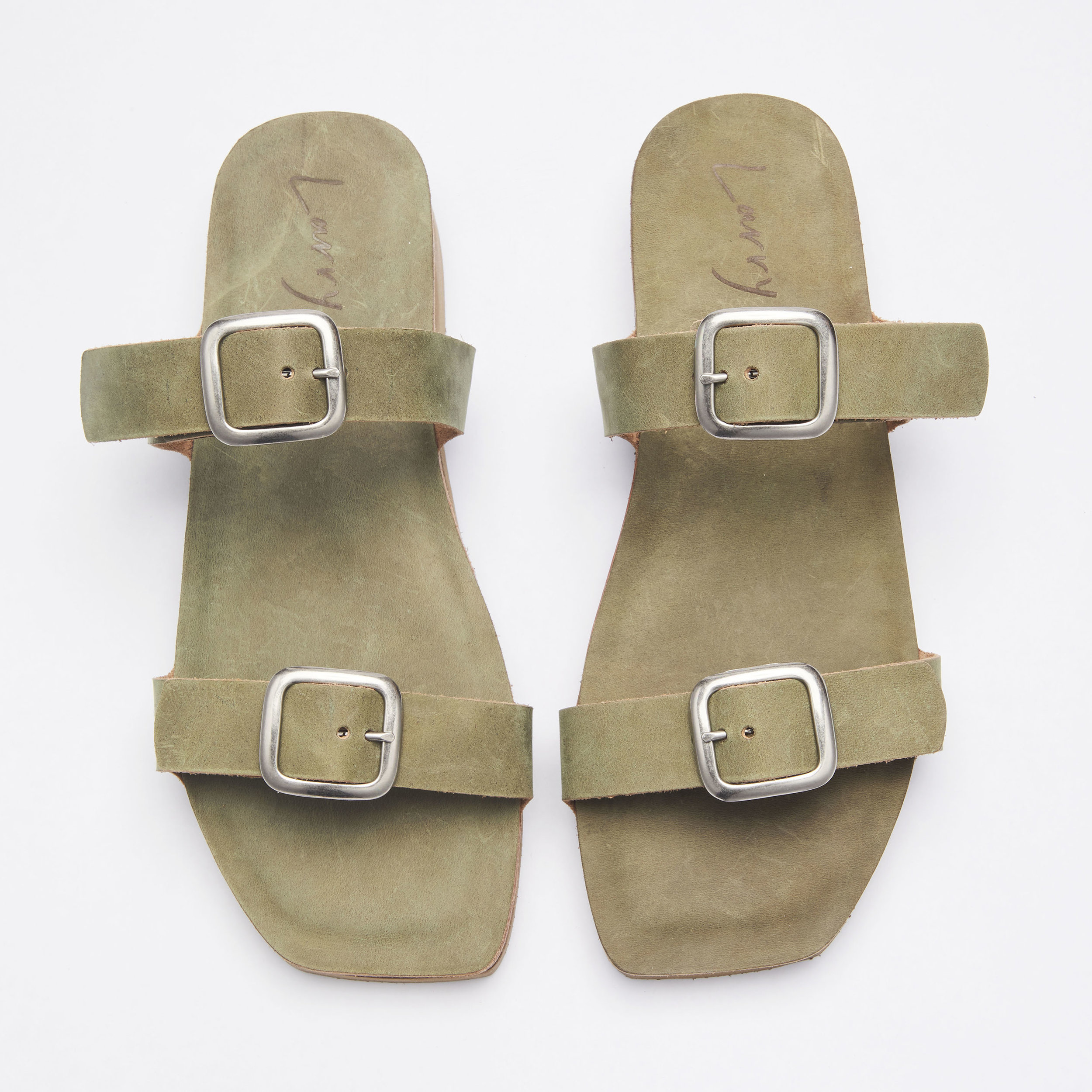 Moss green oiled leather silver double buckle slide most comfortable sandals made in NY