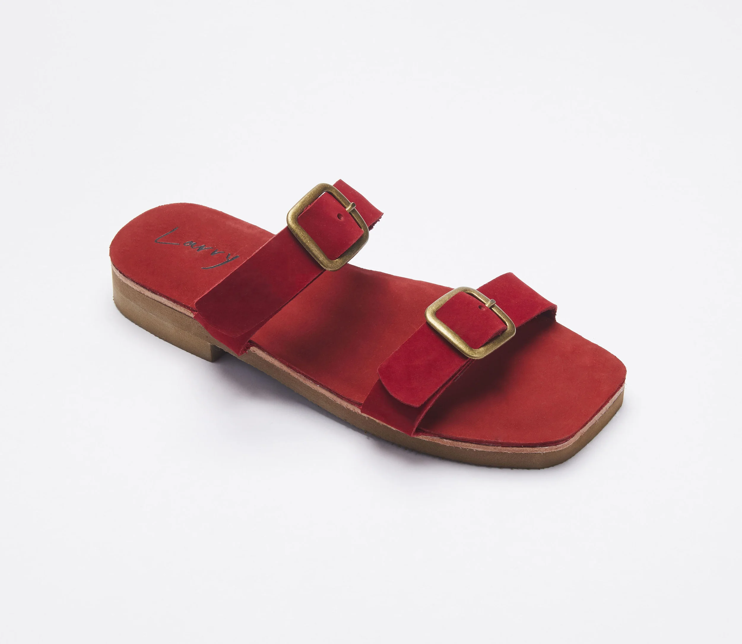 Red nubuck suede leather brass double buckle slide most comfortable sandals made in NY