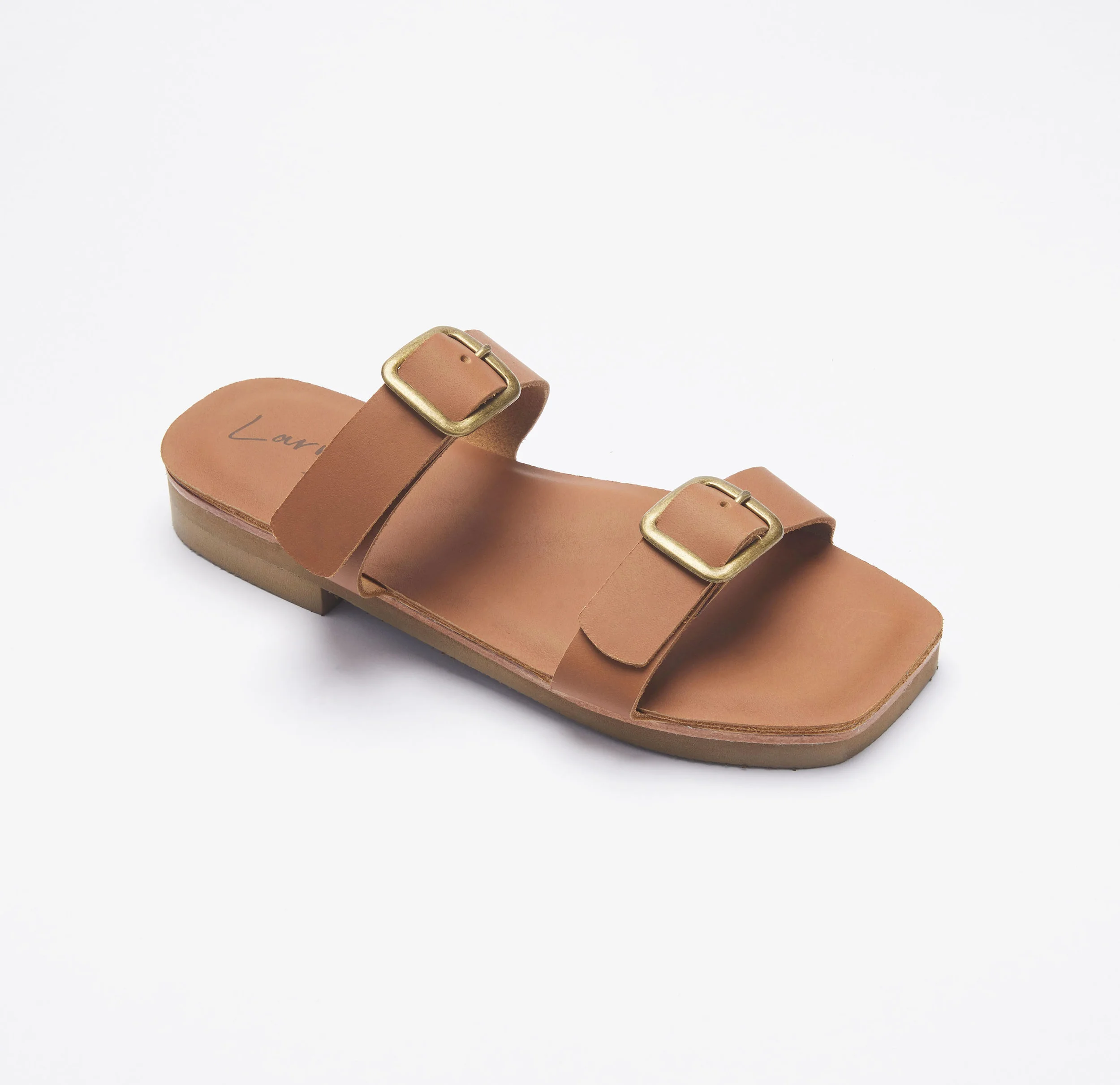 Caramel tan leather brass double buckle slide comfort sandals made in NY