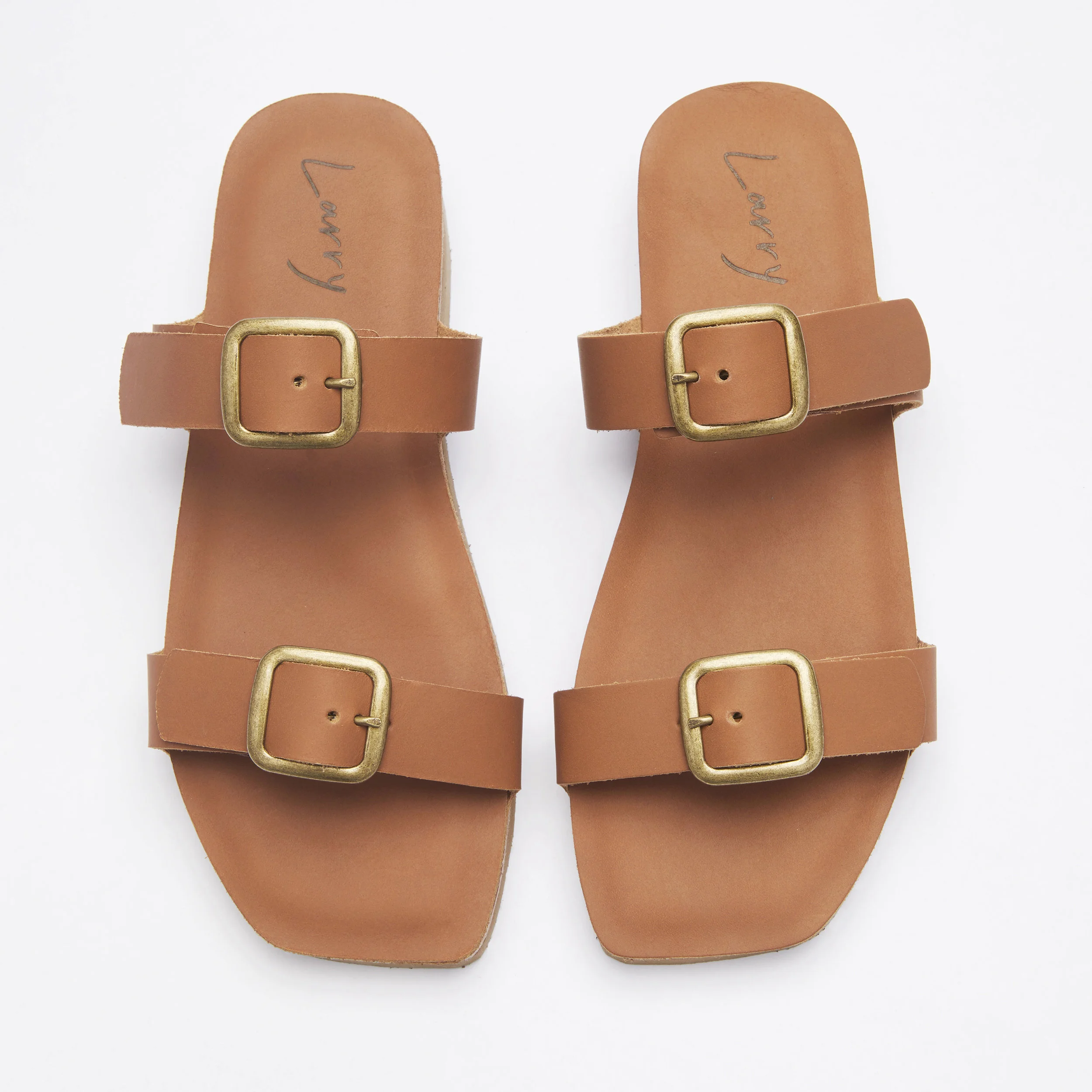 Caramel tan leather brass double buckle slide comfort sandals made in NY