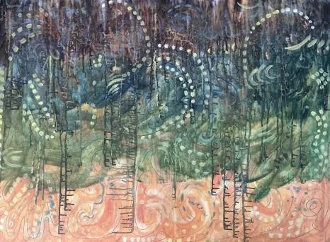 Original mixed-media painting by Suzanne Schevene Brokaw showing pale vertical forms rising from a swirling coral and green underlayer