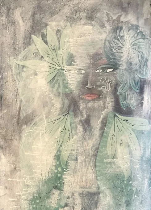 Original painting by Suzanne Schevene Brokaw showing a faint, emerging figure within soft grey and green mist