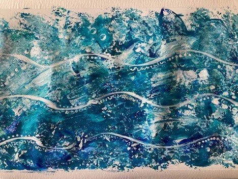 Abstract painting of turbulent water in blues and teals with white wave lines — grief expressed through intentional creativity and embodied living
