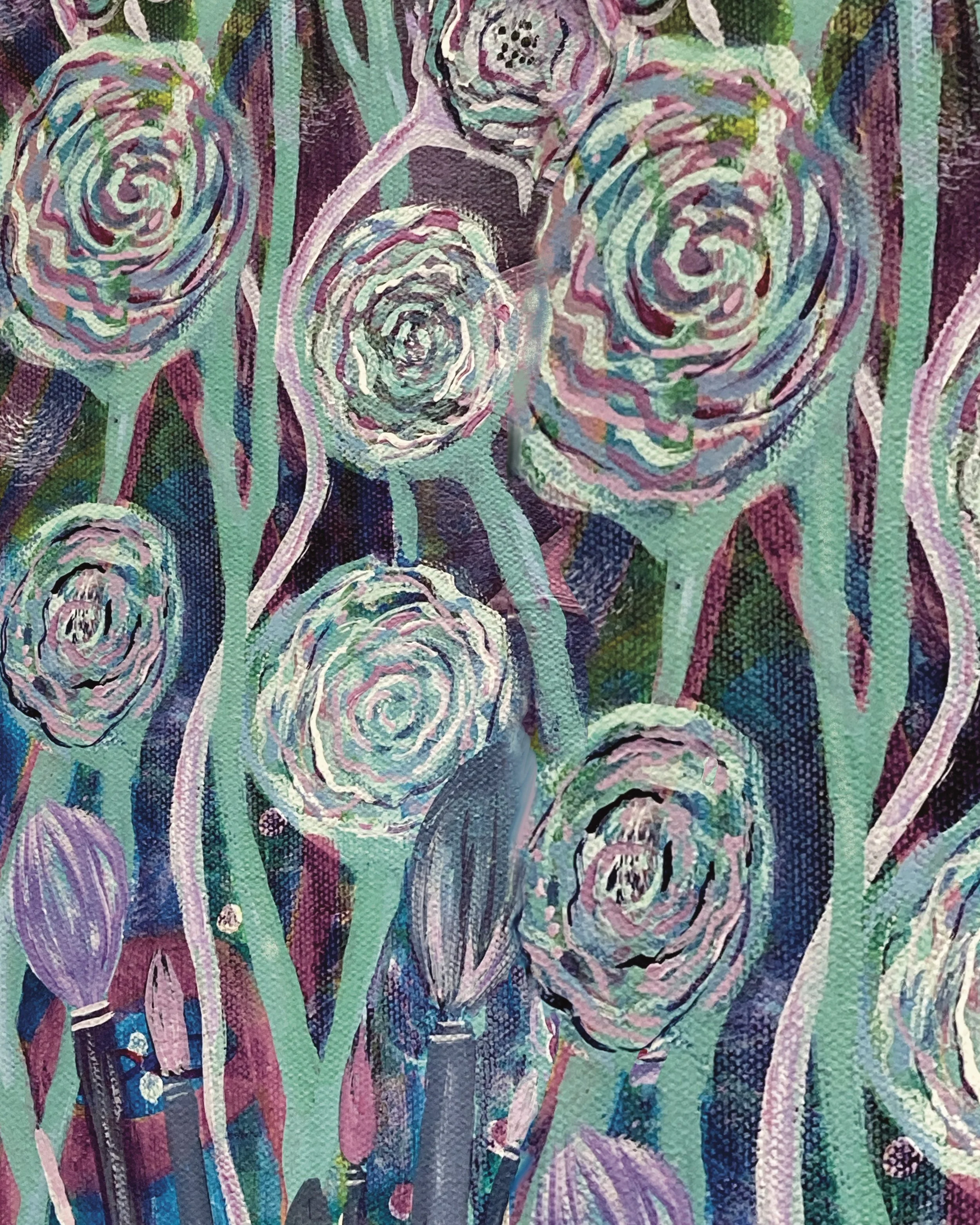 Detail from an original painting showing a repeating pattern of teal and mauve roses.