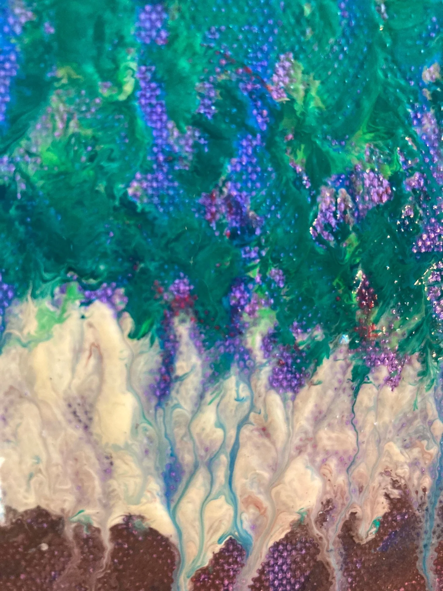 Close-up detail of an original abstract painting by Suzanne Schevene Brokaw, layered greens and purples suggesting depth beneath the surface