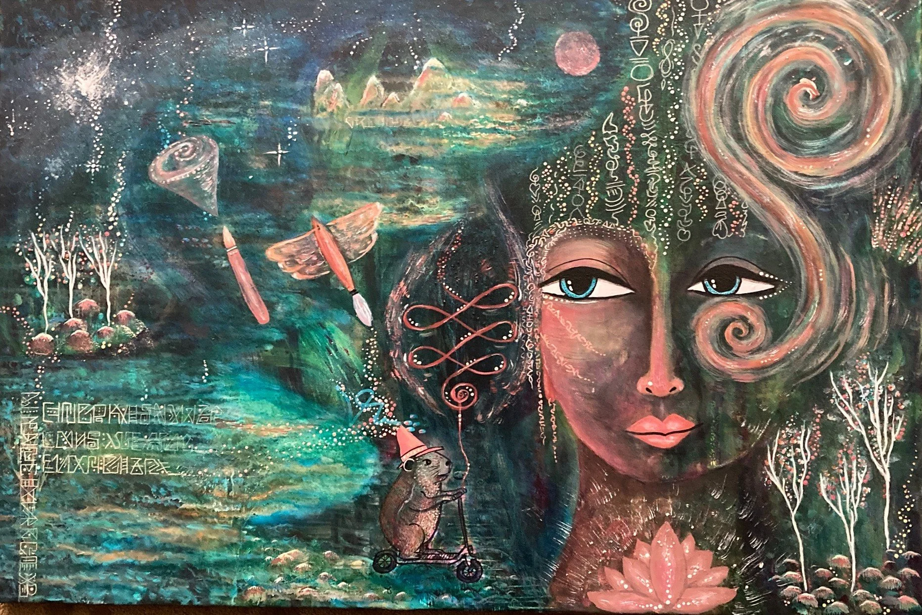 Acrylic painting of a large serene woman's face with spiral hair and luminous eyes, set against a deep teal dreamscape — with a small capybara in a party hat riding a scooter at her side
