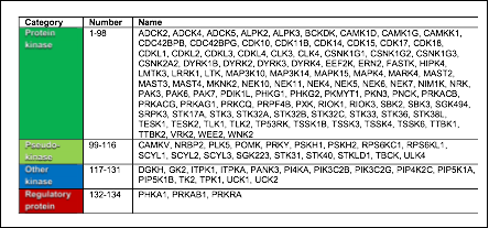 Table: Classification of the 134 IDG dark kinases by substrate. Listed alphabetically within each category. Protein kinases: putative serine, threonine, and tyrosine kinases. Pseudokinases: same fold as the protein kinases, but lack one or more canonical catalytic site residues. Other kinases: includes inositol, glycerol, nucleotide, and thiamine kinases. Regulatory proteins: phosphotransferase activity not established; modulate other kinases.