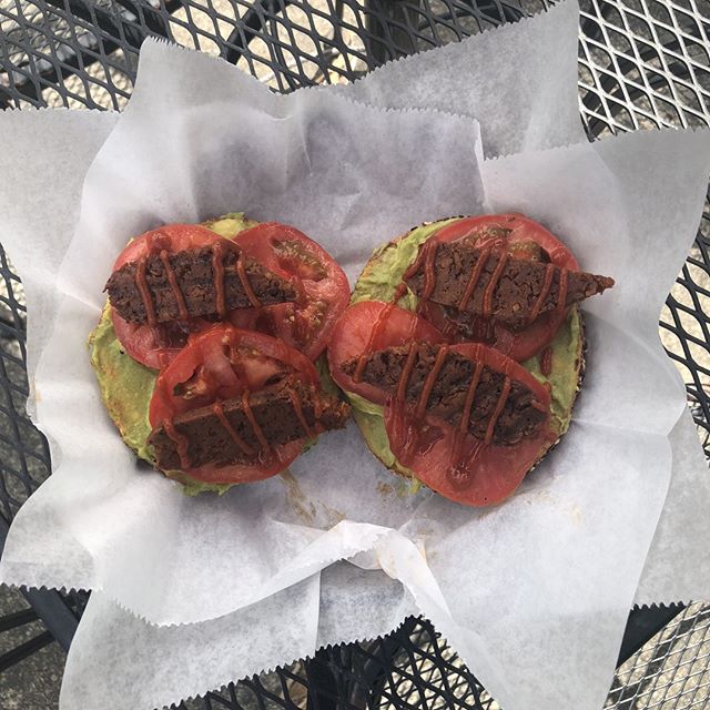 Open faced veganized eggel with Field Roast, sriracha, avocado, and tomato. #party #fieldroast #veganoptions #shackcoffee