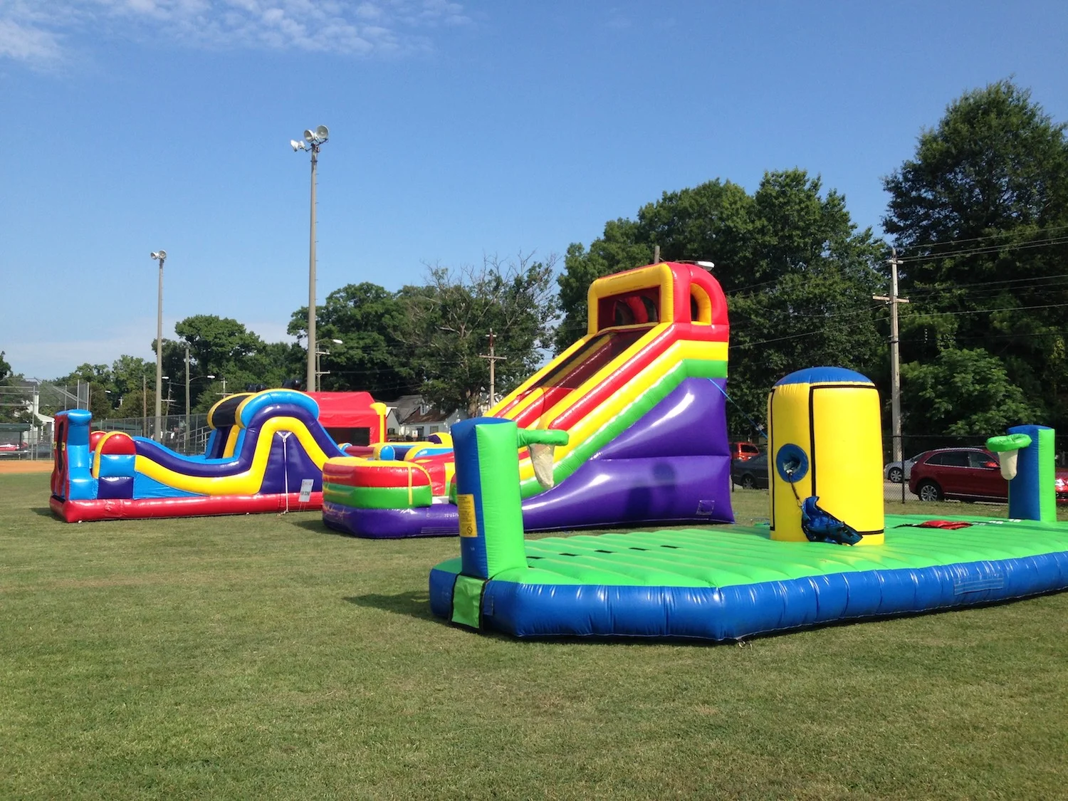 inflatable obstacle course, slide, and bungee run.