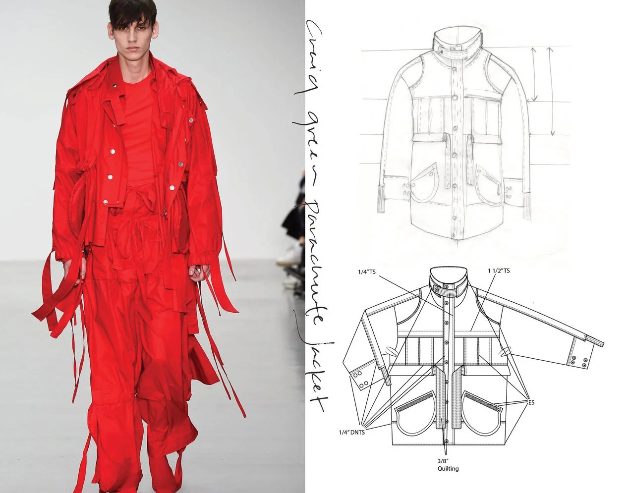  inspiration source (left), original design sketch (top right), technical sketch with stitch call outs (bottom right) 
