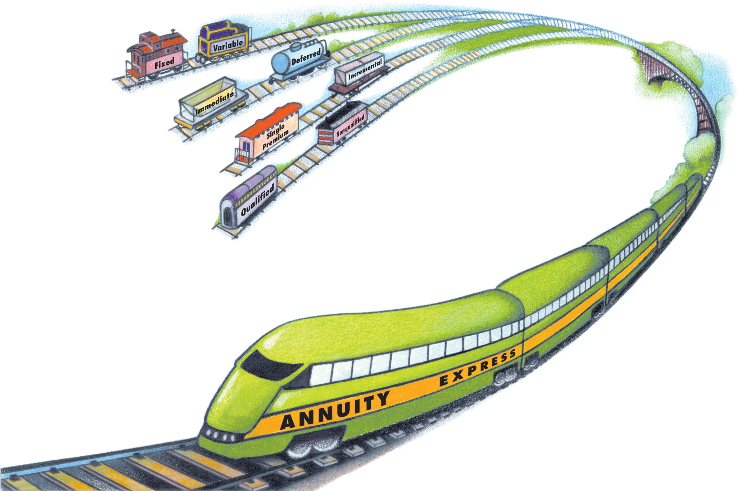 A train called the "Annuity Express" pulling out of the station