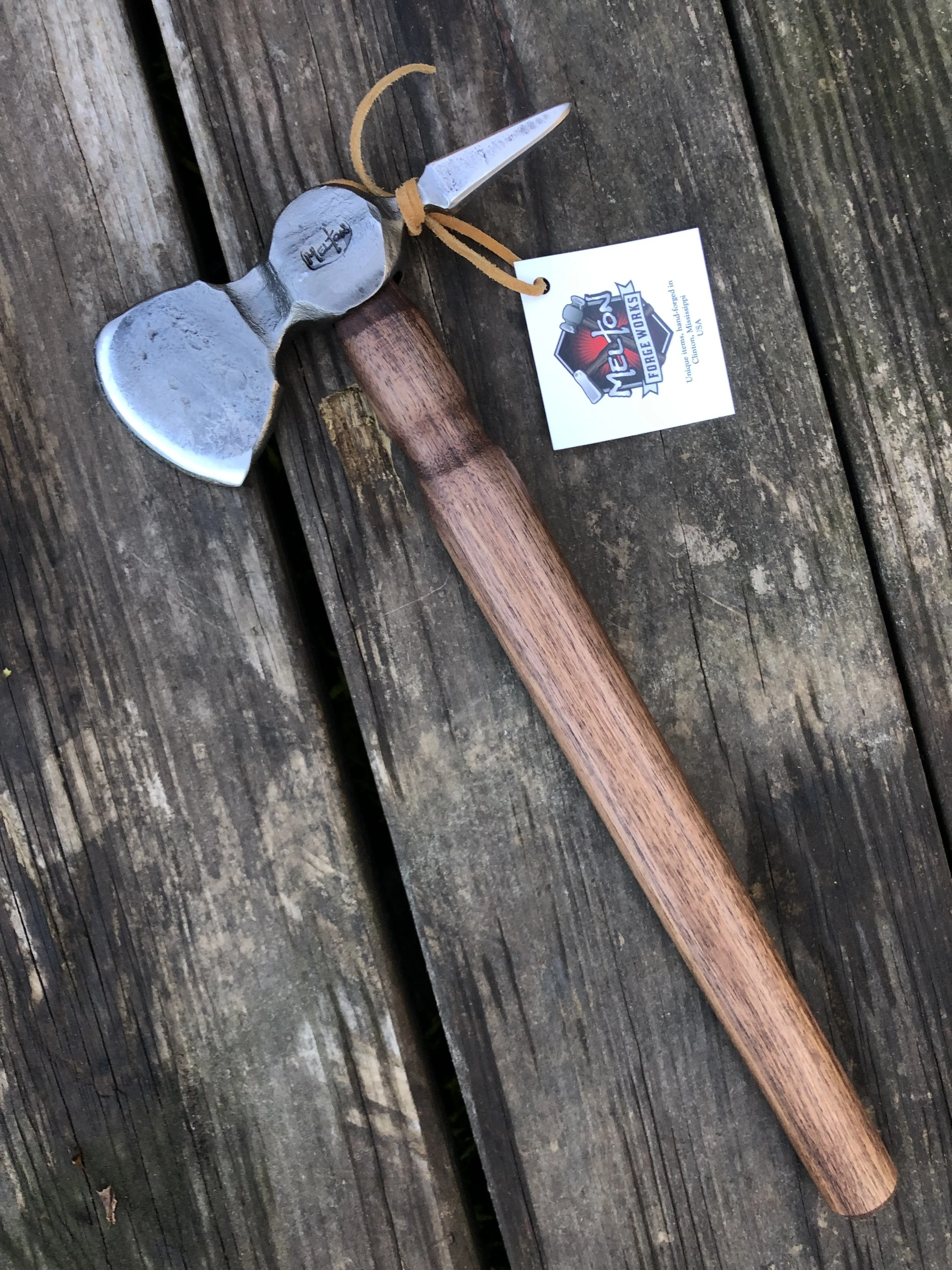  Spiked tomahawk forged from a ball pein hammer that belonged to the customer’s Grandfather, mahogany handle. 
