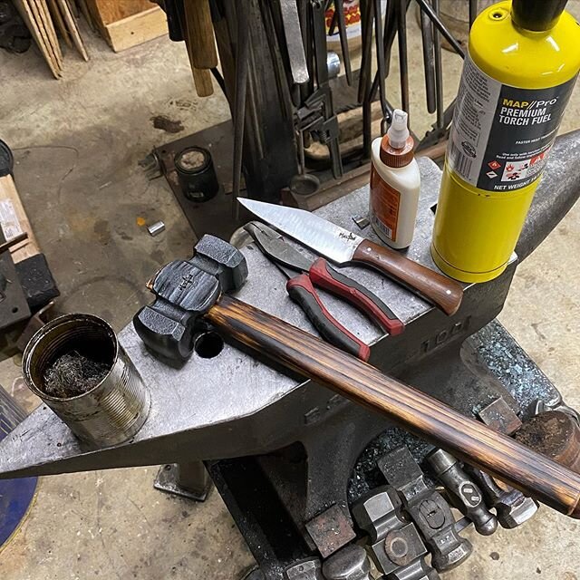 A few of the things I use when finishing a hammer handle. @thegorillagluecompany wood glue, a can with 50/50 boiled linseed oil and pine tar, steel wool, my shop knife, a map gas torch, pliers to hold the steel wedge as I drive it in place (finger sa