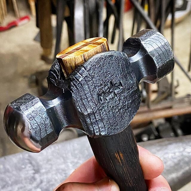 This is the second hammer I&rsquo;ve made from the threaded end of a 1045 hydraulic shaft. This one was just enough to make a 20oz ball pein, which coincidentally, is my favorite size for texturing split crosses. Looks like I&rsquo;ll get to retire t