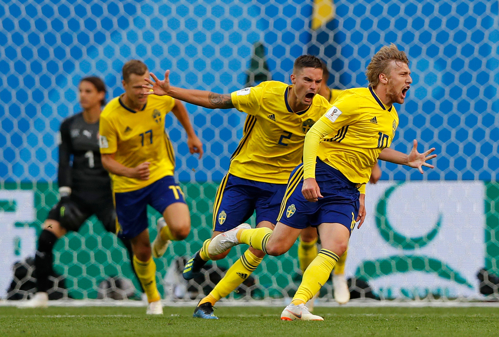 Emil Forsberg celebrates his 66th minute goal against Switzerland.