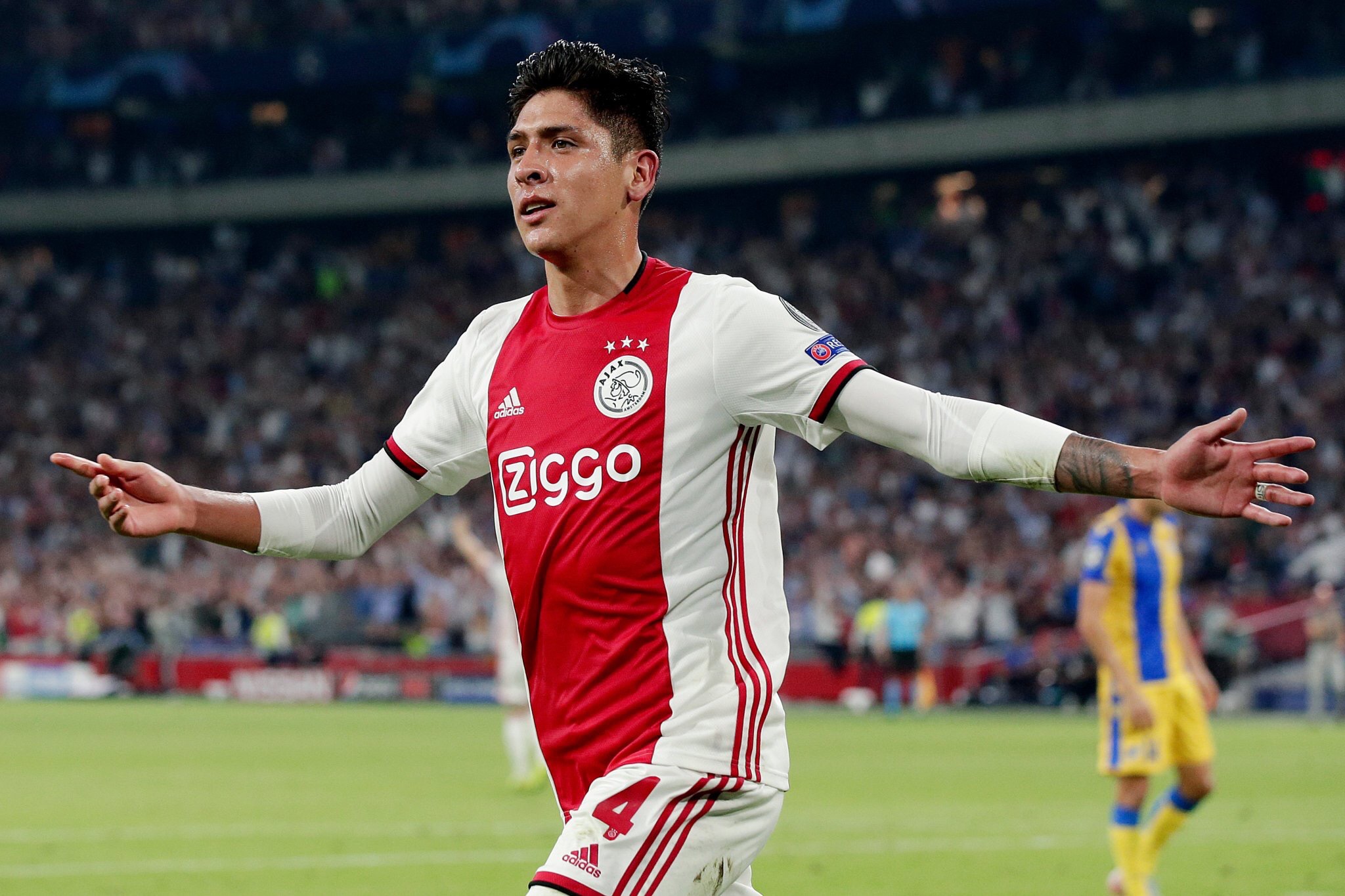 Edson Álvarez celebrates scoring first goal for Ajax, in the champions League, Against APOEL.