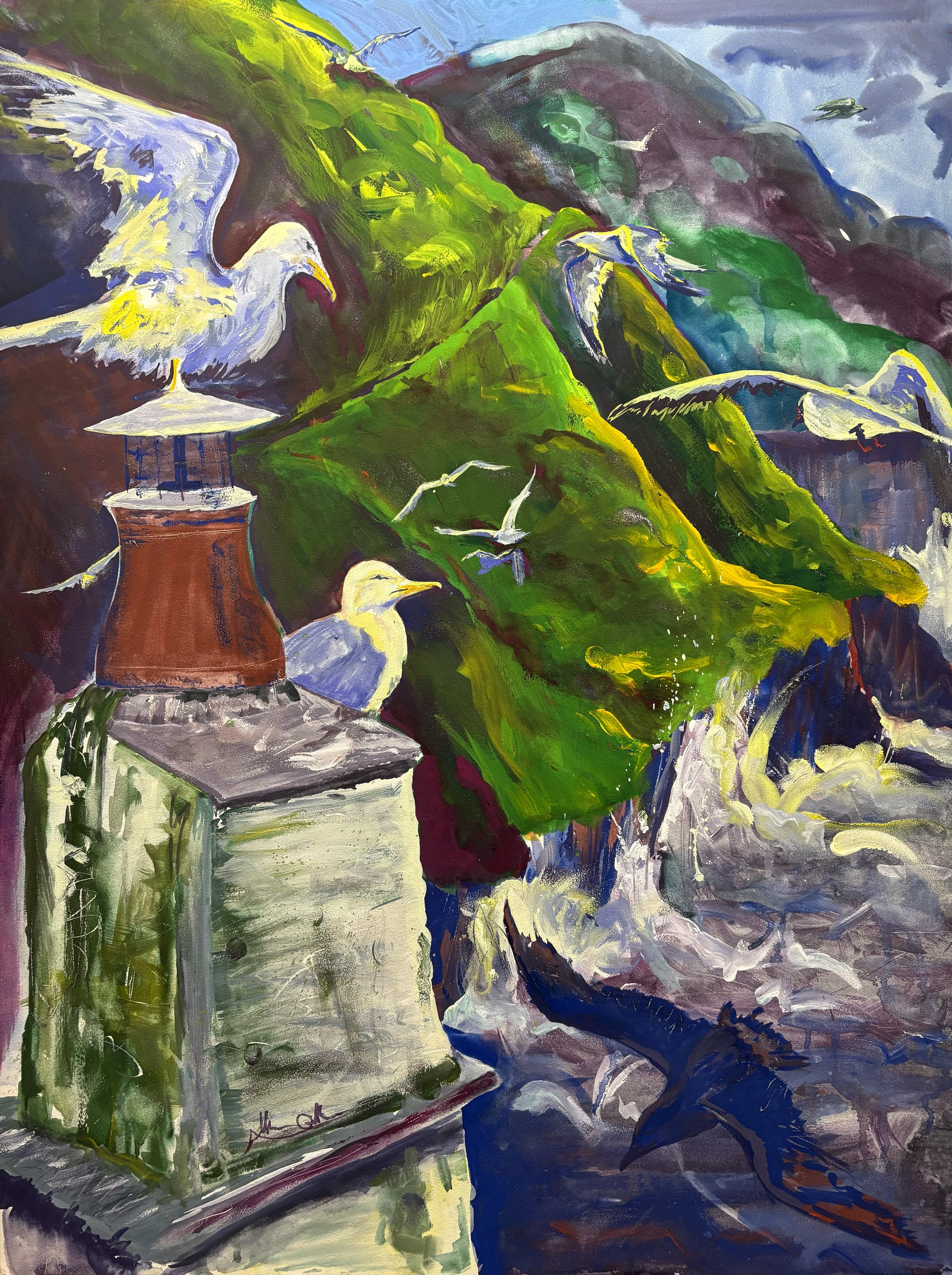 Seagulls, Polperro. 24" x 18". Sold