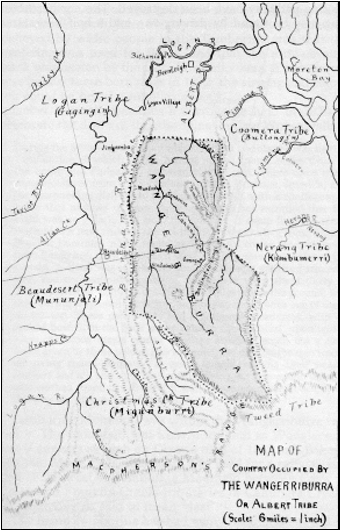 Bullum (John Allen), a Danggan Balun man from the Wanggeriburra clan drew this map in 1913. It shows his Wanggeriburra clan’s boundaries and bordering clans.
