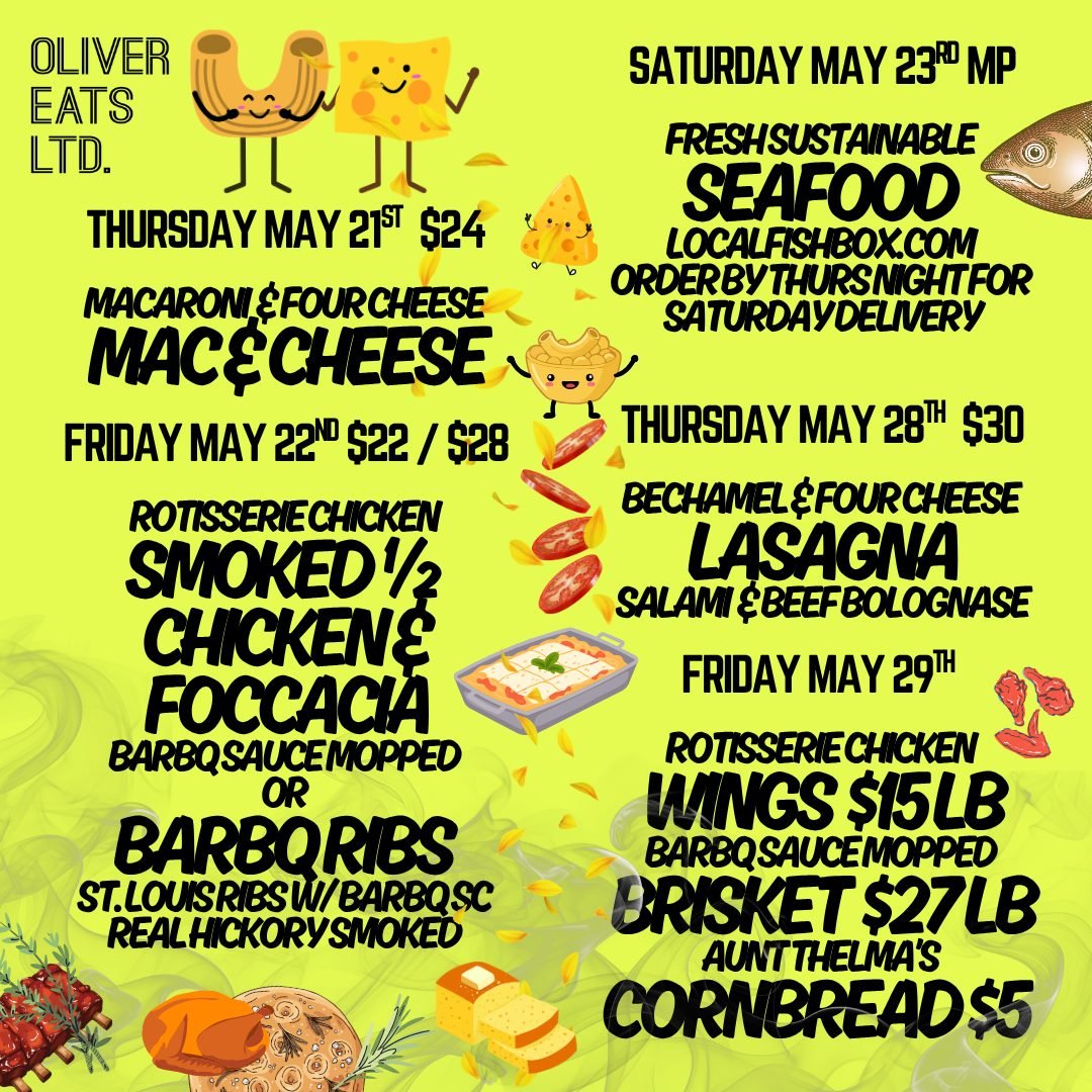 🔥 THIS WEEK at Oliver Eats 🔥

Comfort food season is officially rolling 😍🍗🧀🍖

🧀 Thursday May 21
Four Cheese Mac &amp; Cheese

🍗 Friday May 22
Rotisserie Smoked &frac12; Chicken &amp; Focaccia
BBQ sauce mopped 🔥

OR

🍖 St. Louis BBQ Ribs
Rea