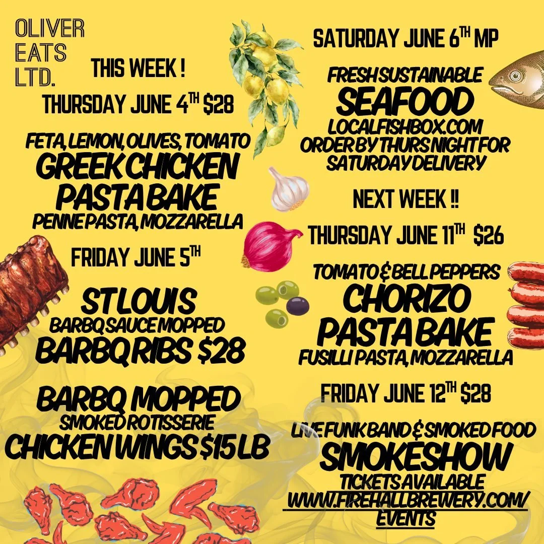🔥 This Week at Oliver Eats 🔥

Comfort food, smokehouse favourites, and fresh sustainable seafood are all on the menu.

🇬🇷 Thursday, June 4
Greek Chicken Pasta Bake &bull; $28
Made with feta, lemon, olives, tomatoes, penne pasta, and mozzarella.

