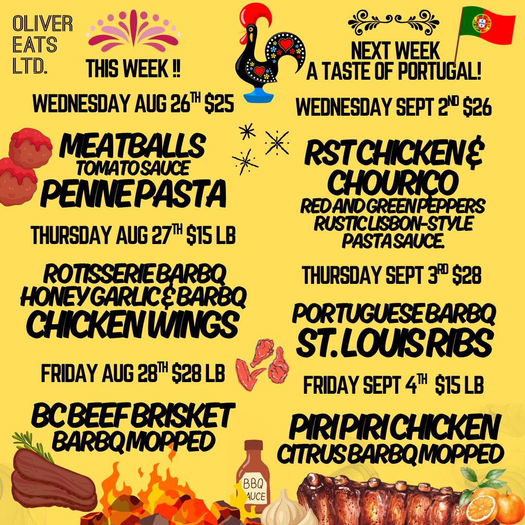 Weekly barbecue menu flyer with colorful illustrations of grilled meat, garlic, barbecue sauce, and a pig with a Portuguese flag and decorative rooster. Lists weekly specials from August 26 to September 4, with prices and dish descriptions.