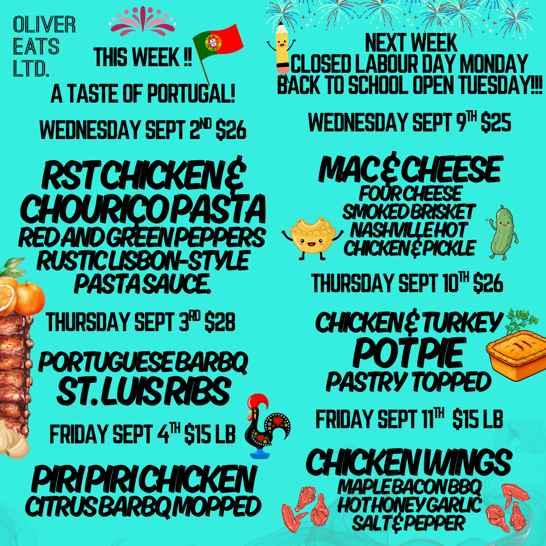 Menu flyer with Portuguese theme, featuring colorful fireworks, cartoon characters, and icons of food such as chicken, mac and cheese, pie, and chicken wings. Contains weekly specials and dates.
