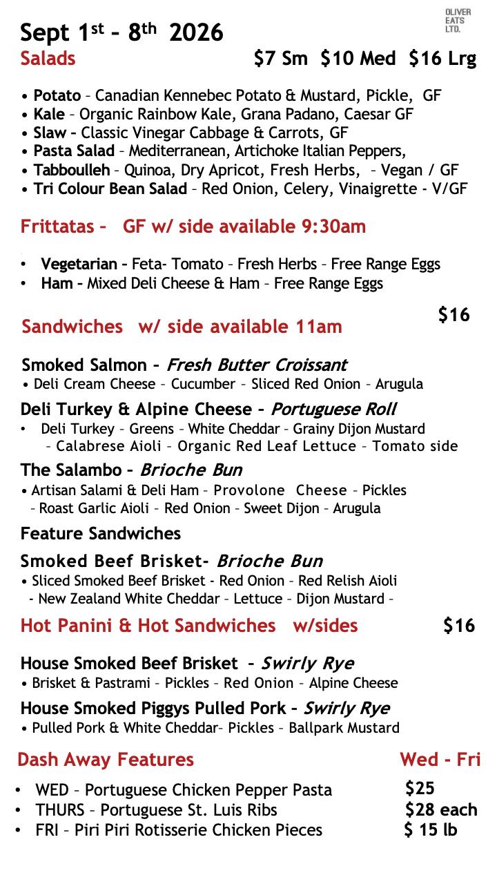 Menu for September 1st to 8th, 2026 featuring salads, fritters, sandwiches, feature sandwiches, hot panini, hot sandwiches, and dash away features including Portuguese chicken, ribs, and rotisserie chicken.