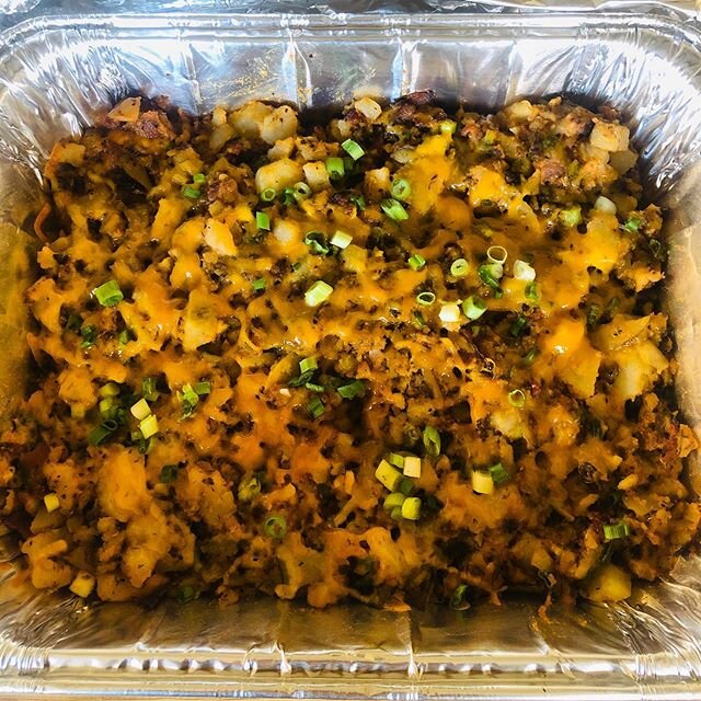 Take and Bake Original Potato Cake. Seasoned potatoes mixed with bacon, green onion, garlic, cheddar, and sour cream. A half pan of delicious comfort food.  Call 442-1610 to place an order. Check out our full menu at goldenharvestcafe.com