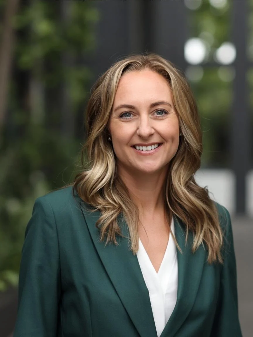 A woman with blonde, wavy hair, wearing a dark green blazer over a white blouse, smiling outdoors with a blurred background of greenery and a modern building.