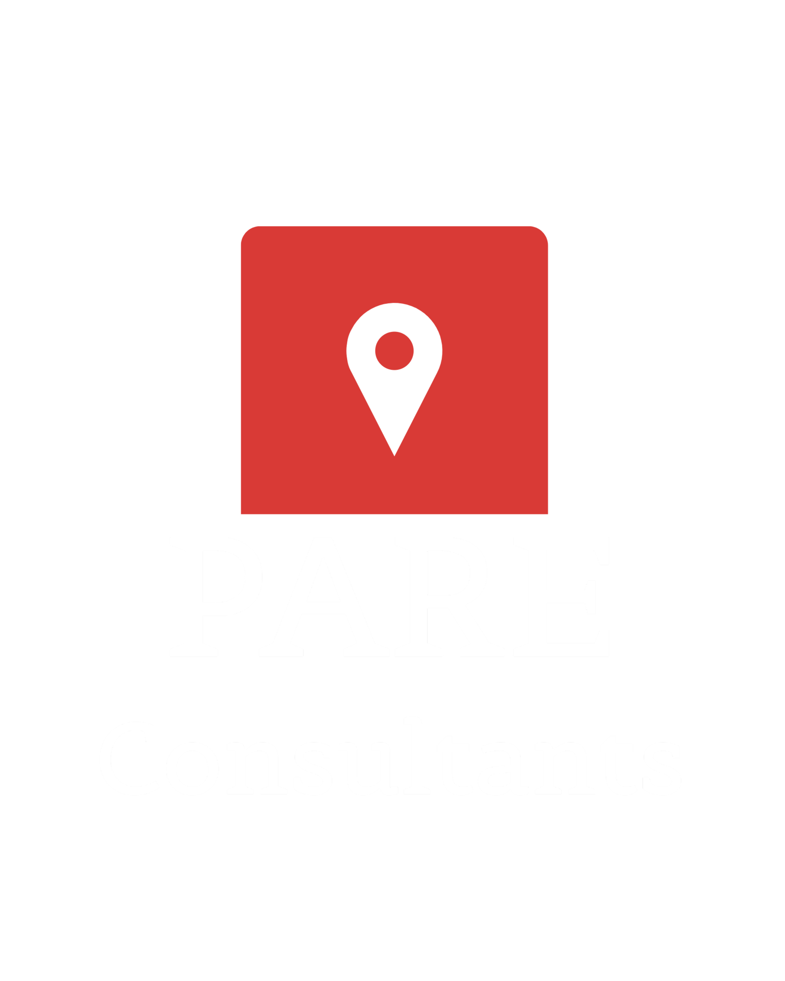 Logo for PARE Consultants with a red map marker icon inside a red square and the company name written below.