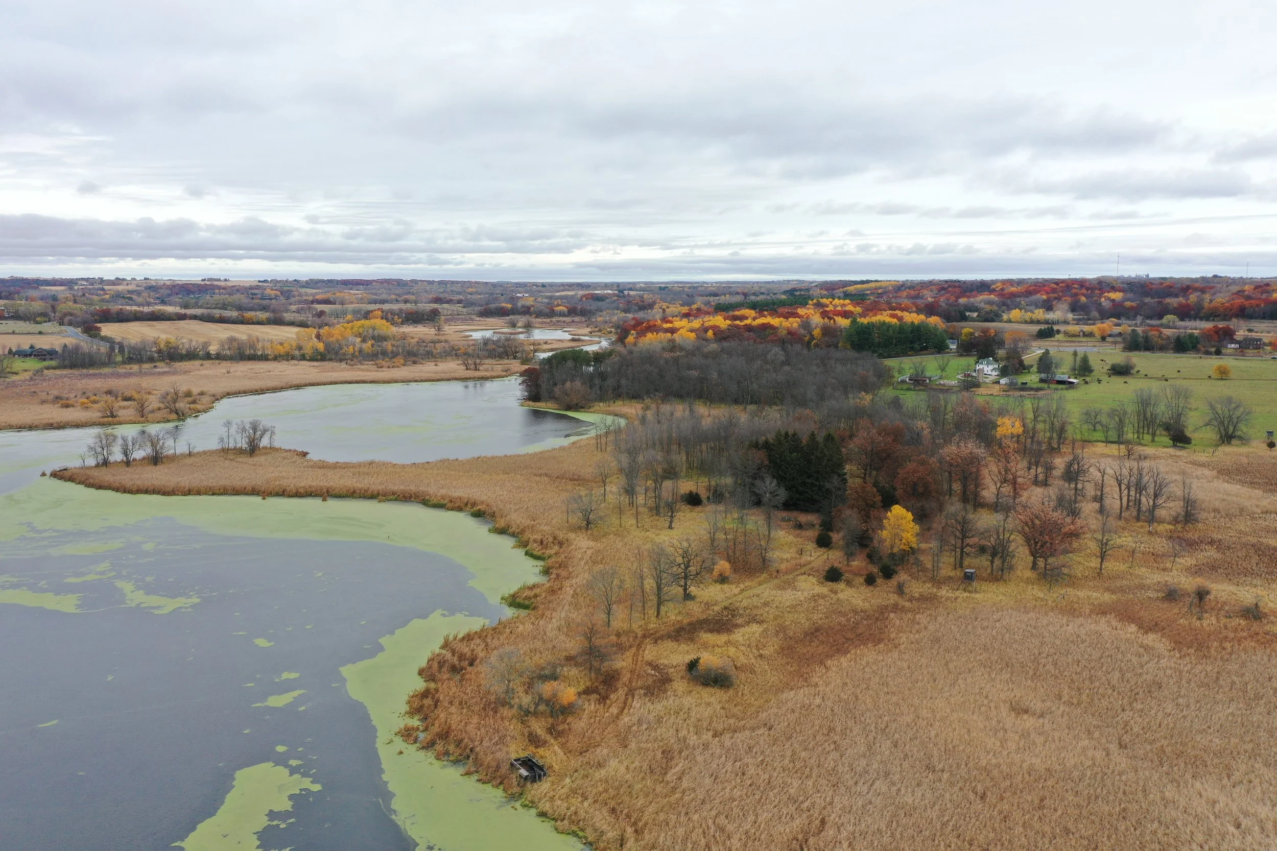 Aerial view of a river winding through a rural landscape with trees, fields, and patches of marsh vegetation in fall colors under a cloudy sky.
