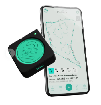 A smartphone displaying a map of a recreational area, with contour lines and measurements, alongside a portable device with a teal face and the number 2 on it.
