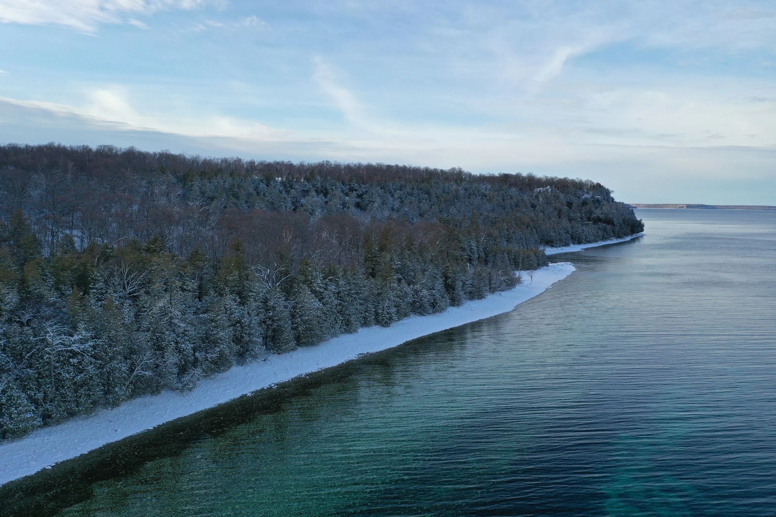 Snow-covered shoreline with a forest of trees along the edge of a large body of water, under a partly cloudy sky.