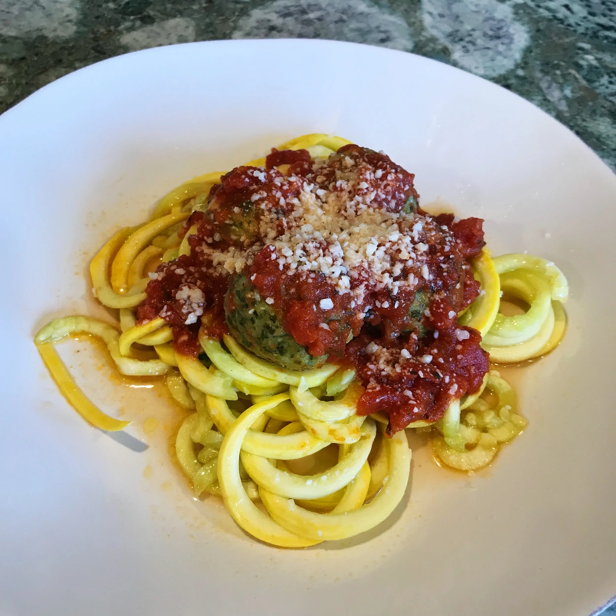 Baked Turkey-Kale Meatballs with Marinara and Yellow Squash