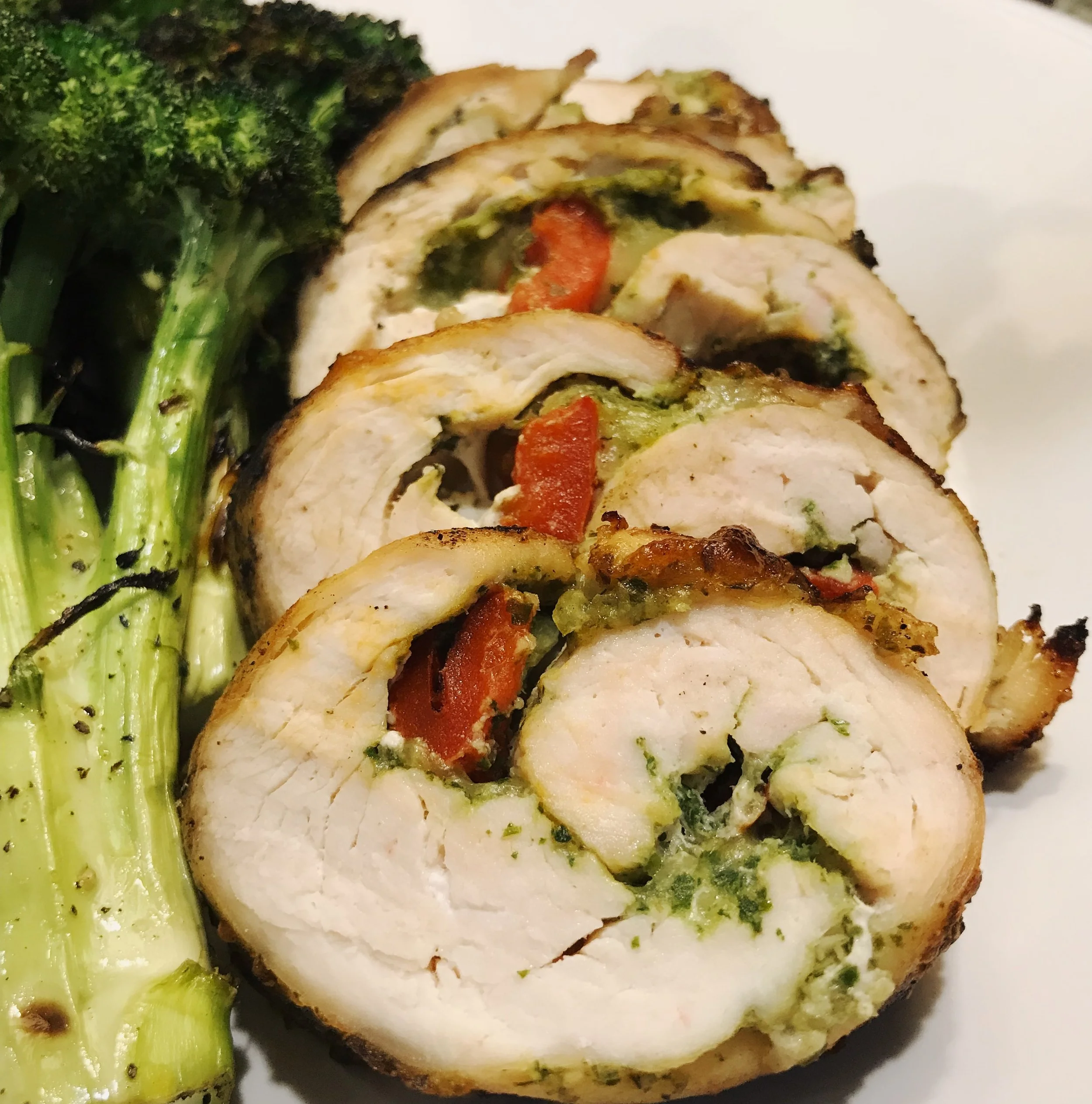 Grilled Cheesy Chicken Roulade with Homemade Pesto and Charred Broccoli