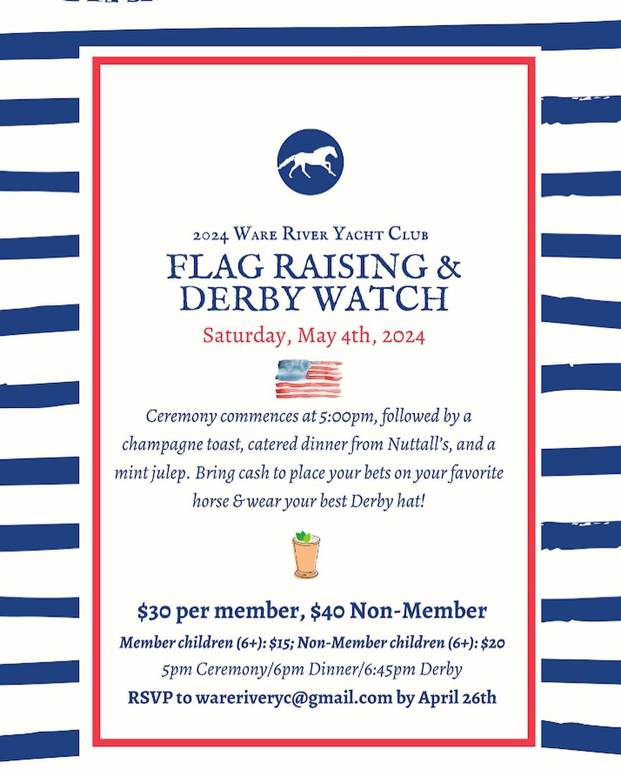 Our annual Flag Raising and Derby Day is approaching soon&mdash;get those RSVPs in so we can start the summer sailing season! ⛵️☀️🇺🇸🏇
