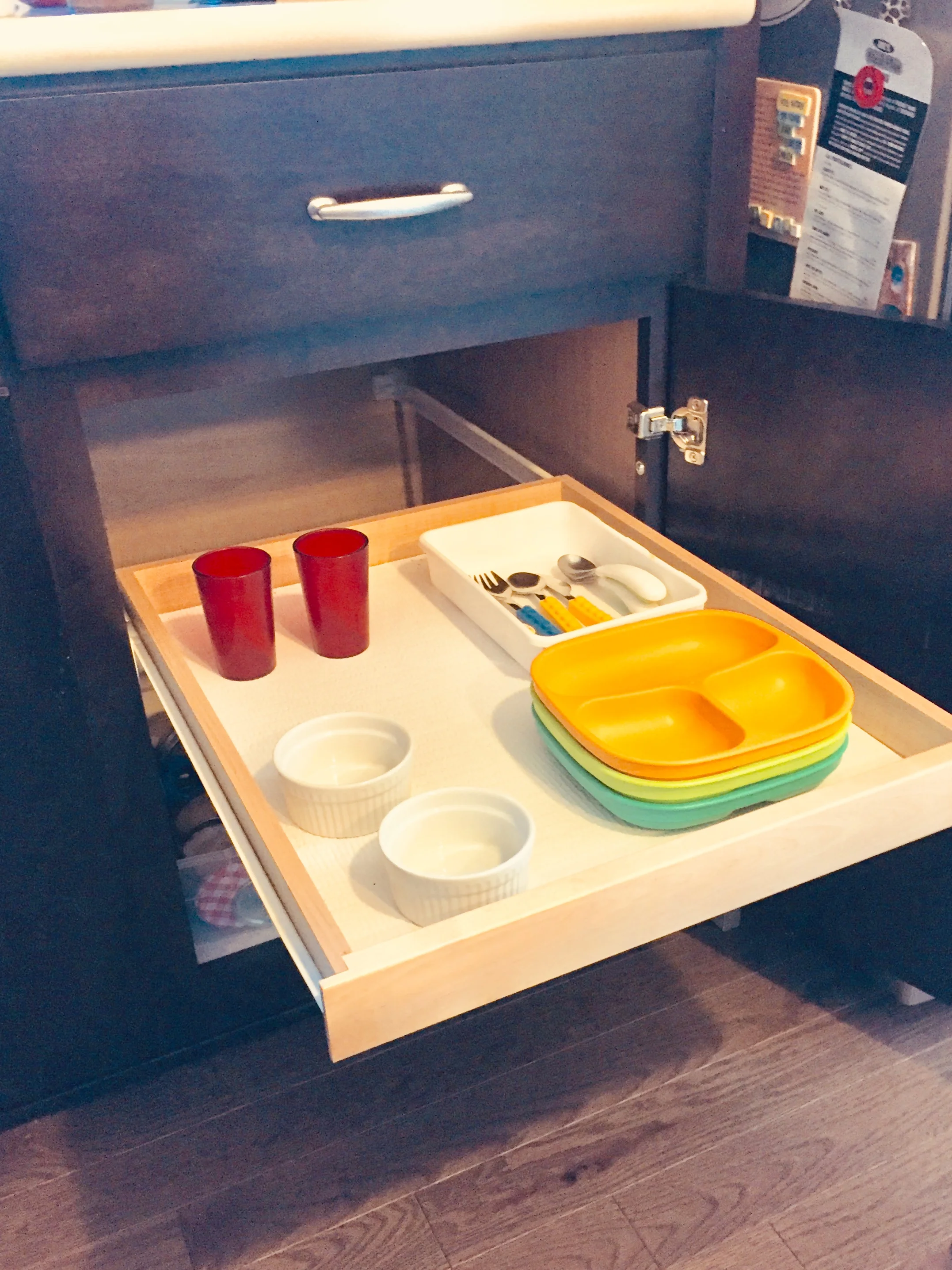 Drawer in the kitchen designated for them: If stuff is accessible for the children, they can be more independent to go get themselves a snack or help set up the table. Yo can do this as soon as they know how to walk. (and not just the drawer but you can put healthy snacks at their rich too… like apples, bananas, all fruit really, crackers, nuts…)