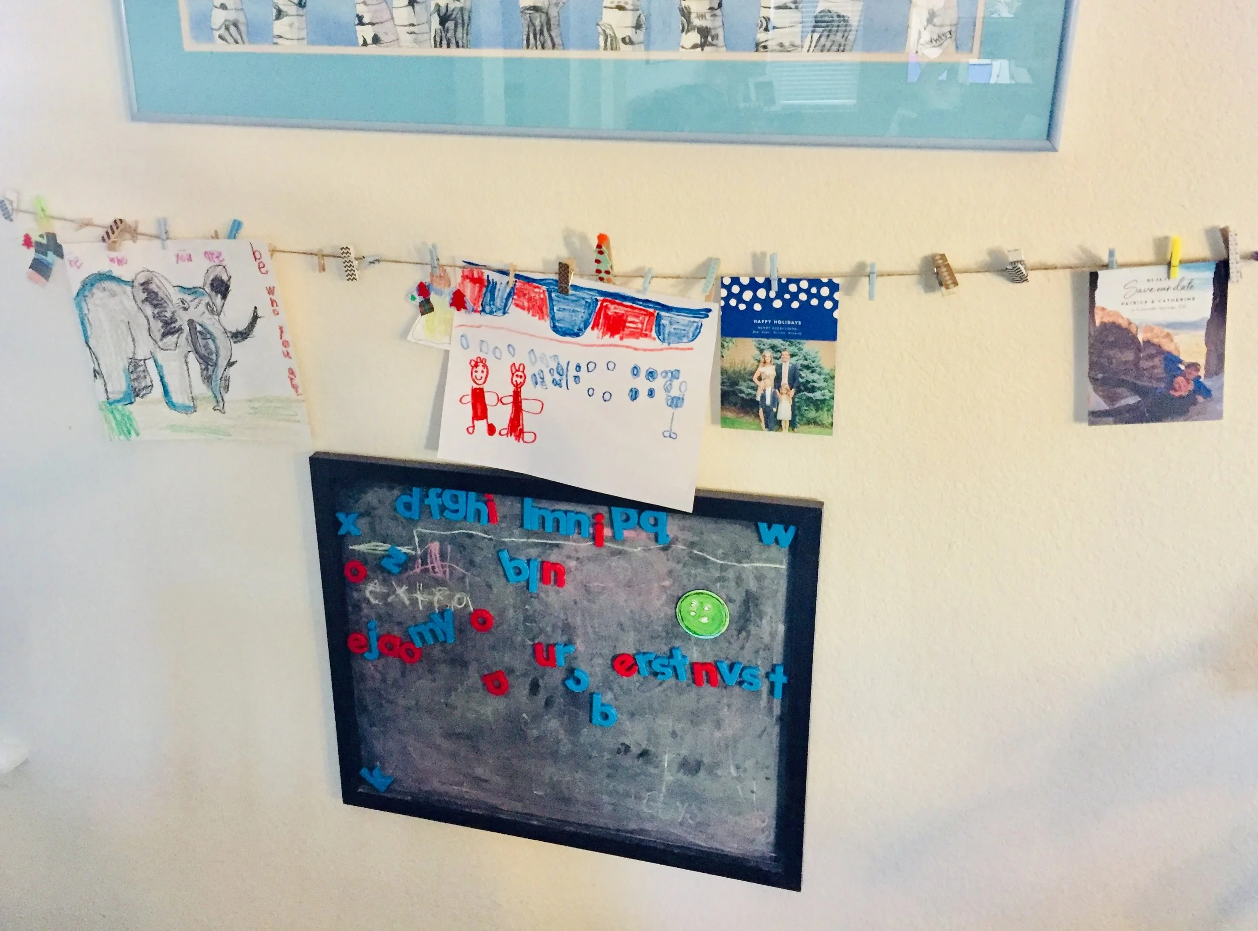 Chalk magnetic board: We use it to write the menu for dinner, draw pictures, messages for our guest, and I add the magnetic letters for fun when my older child started to practice sounds at school… there is a lot of games you can create for them with this letters, for example: while you are cooking dinner, bring me the sound b as in ball, or you grab a letter and ask your child to bring something in the house that starts with that letter (or sound.