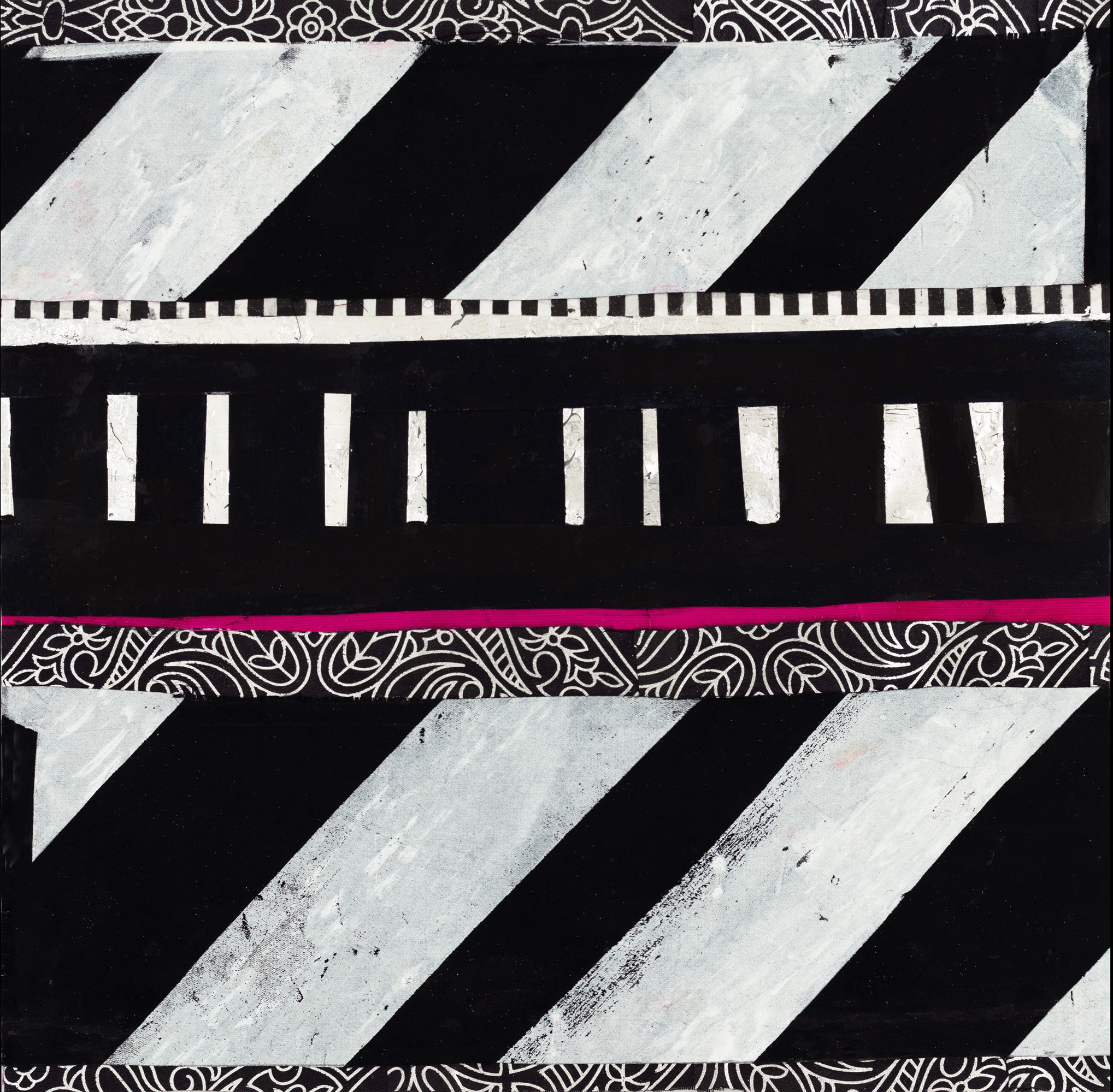 Hard Candy 12" x 12" Acrylic, flashe and silver leaf on satin, brocade and silk on panel 2024