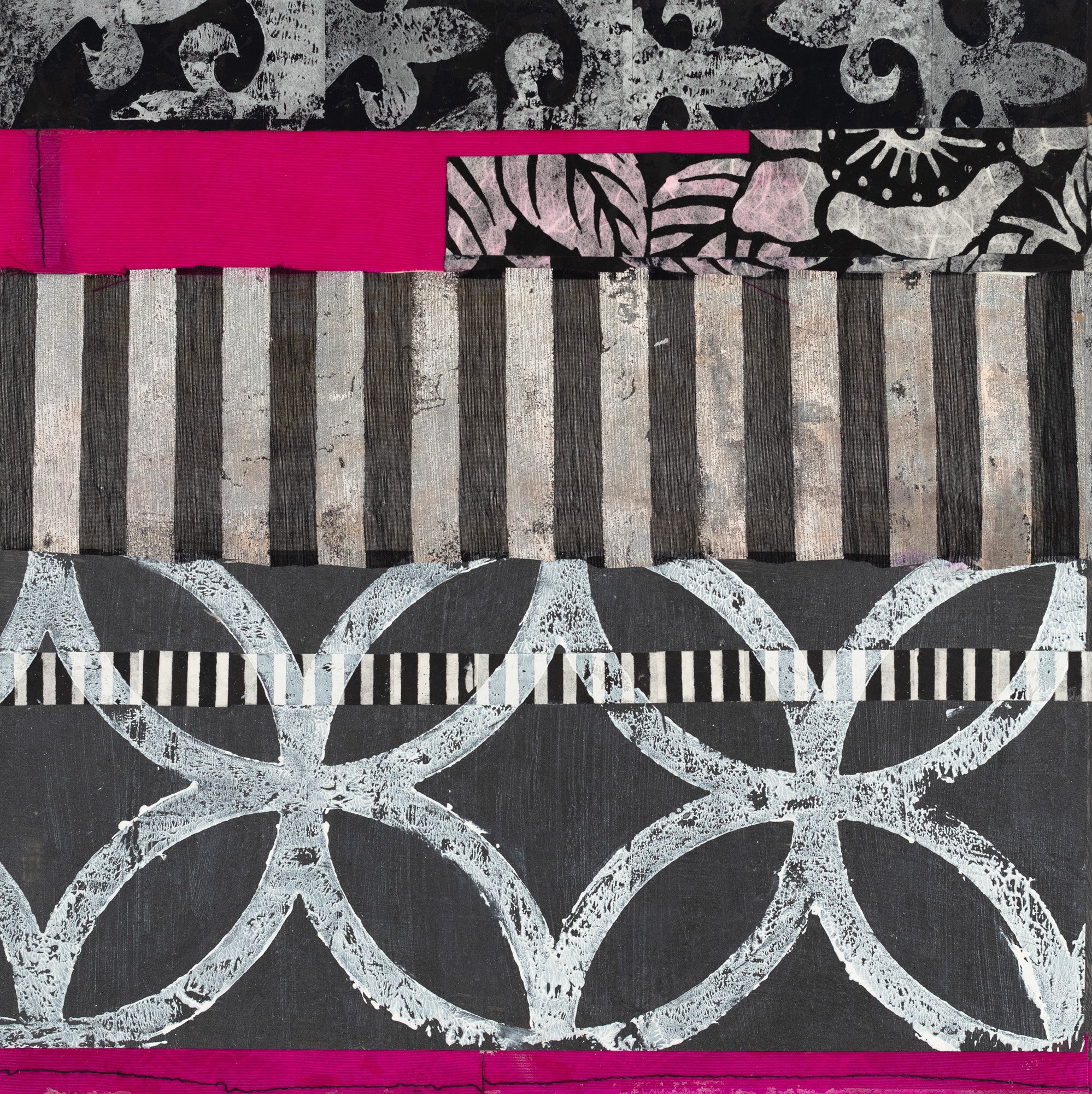 Asia, Curious 12"x12" Ink and flashe on silk and sari fabric and Thai papers on panel 2024