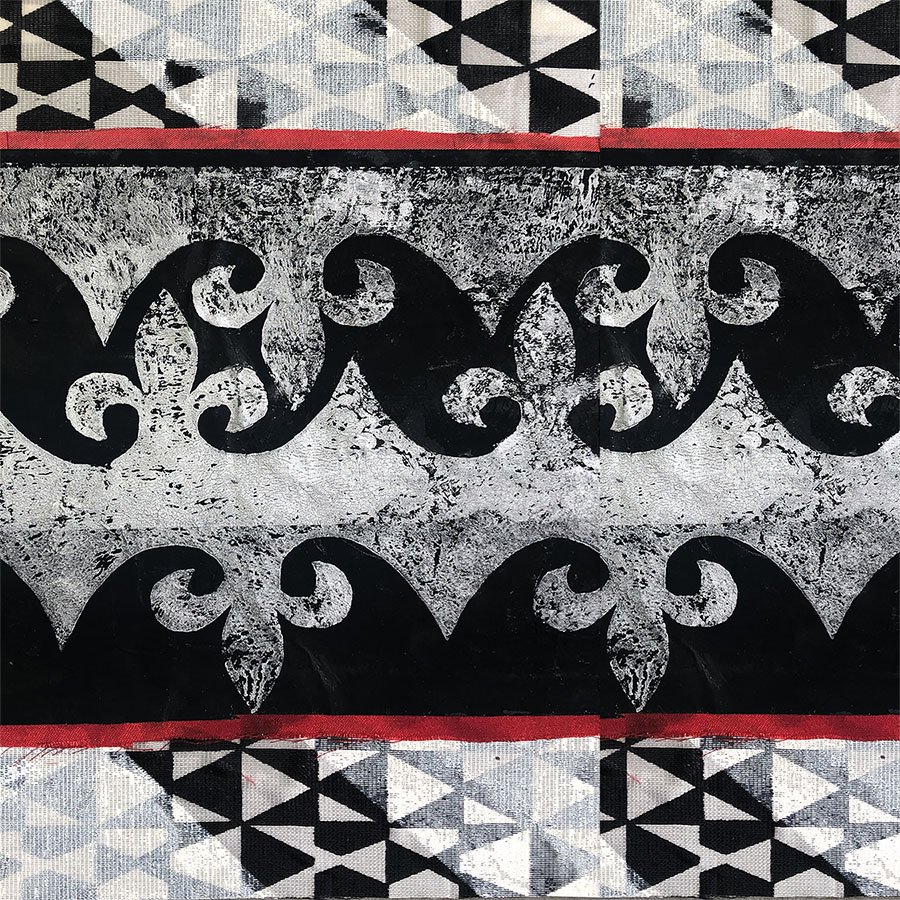 Charoen Krung 12" x 12" Acrylic and flash on sari fabric and rice papers on panel 2024