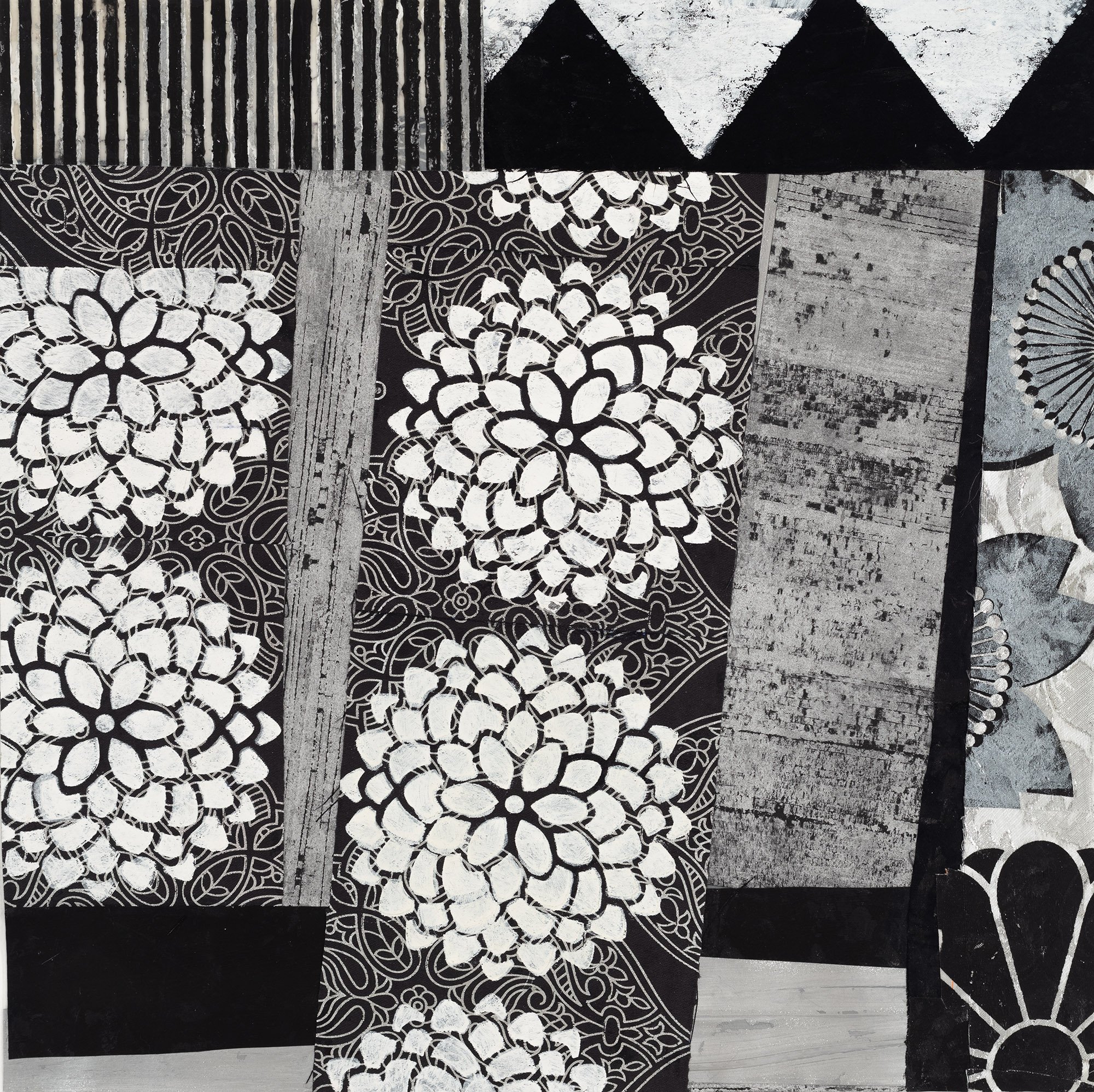Royal Zen 16" x 16" Acrylic and flashe on satin, mylar, brocade and rice paper on panel 2025