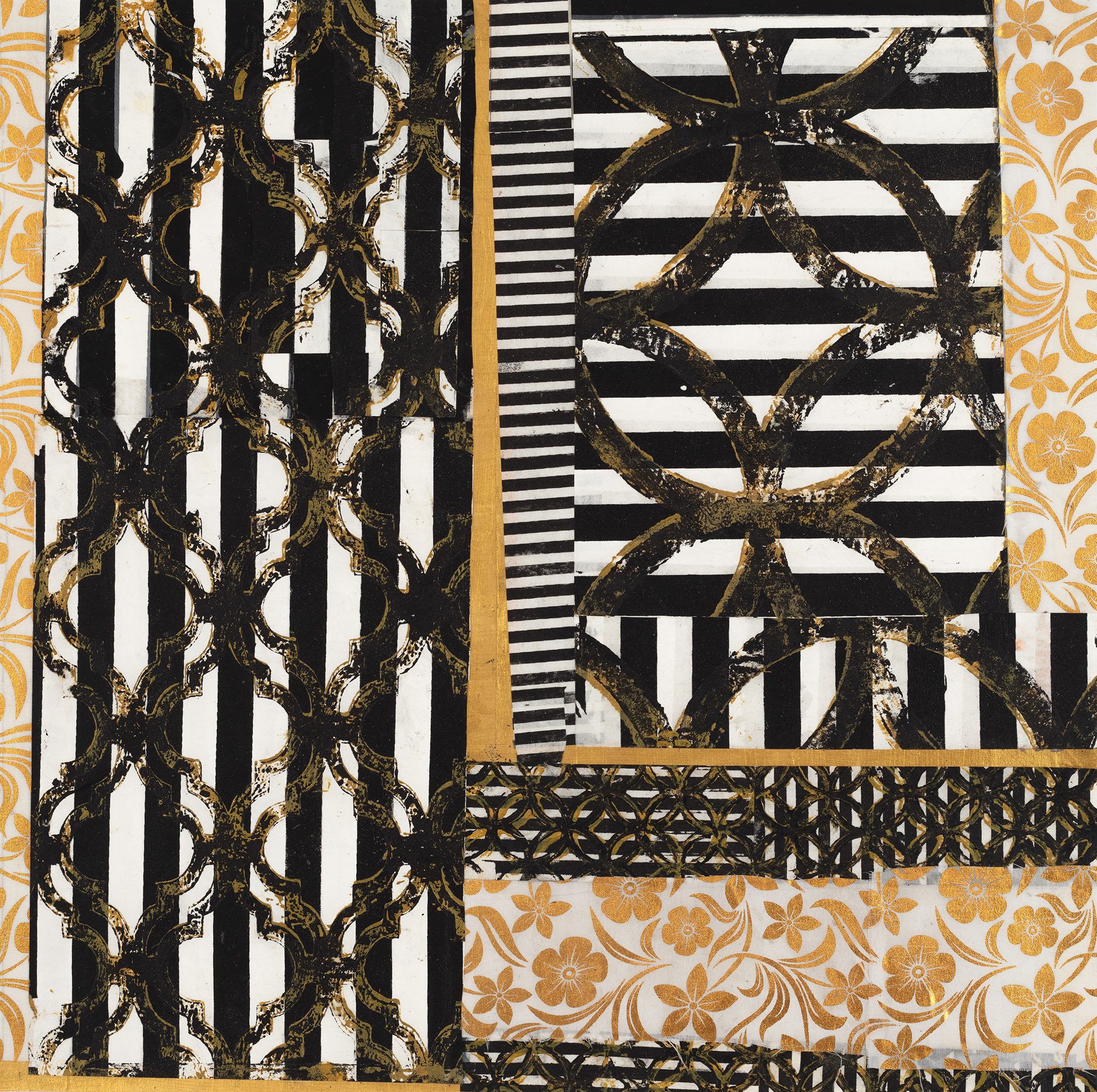 Spiritual Taint 16"x16" Acrylic on rice paper, mylar and Thai textiles on panel 2025