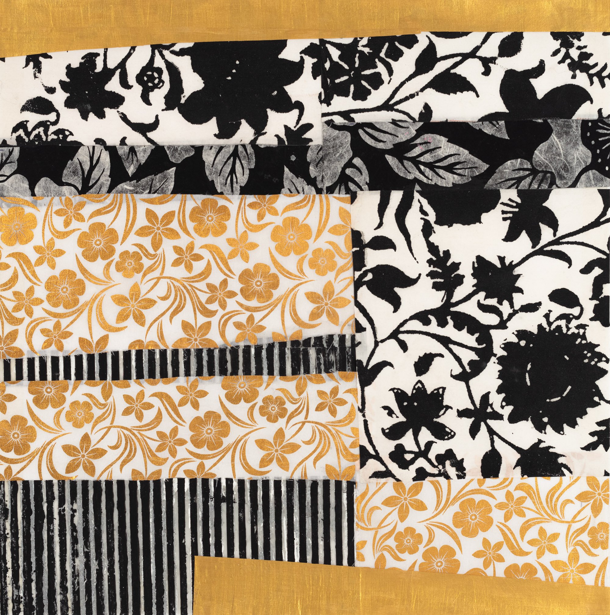 Fairy Tale Project 16"x16" Acrylic on mylar, cotton and Thai textiles, and gold papers on panel 2025