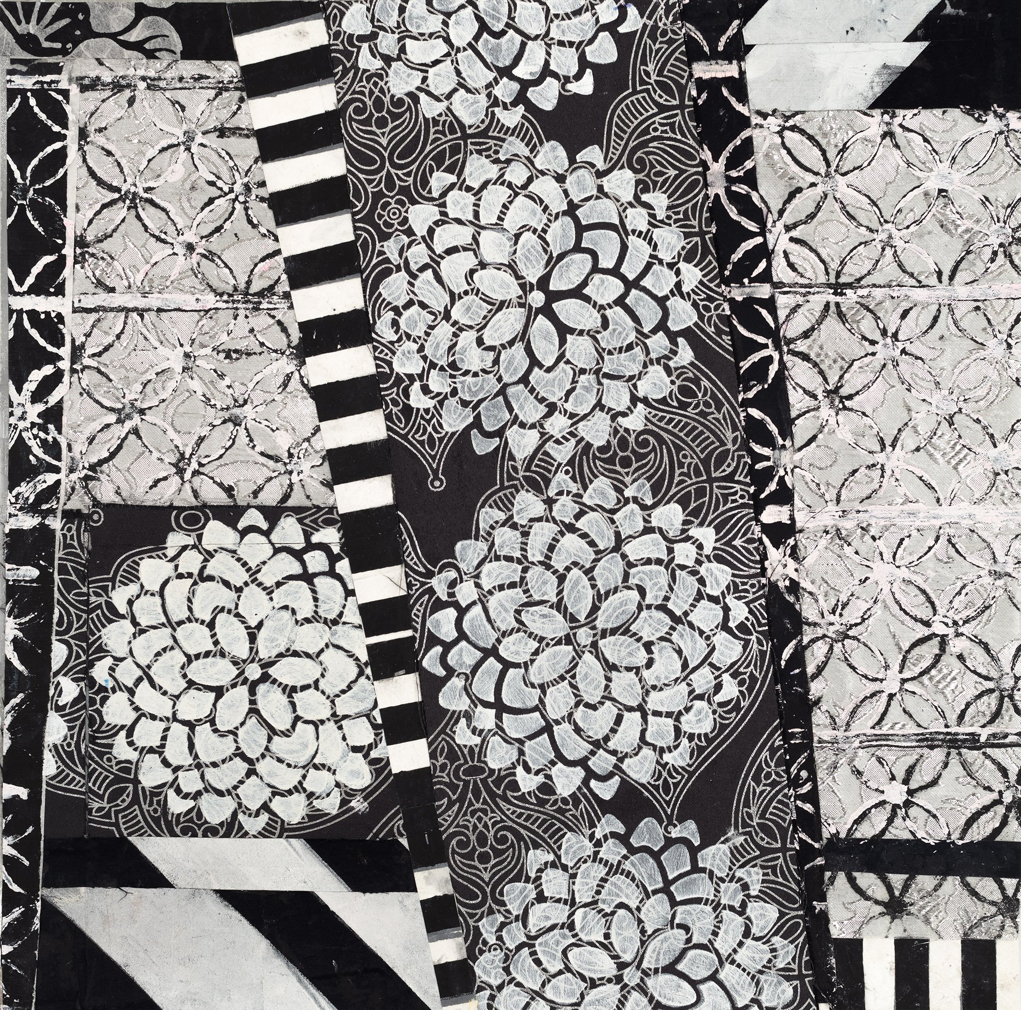 Black Cross Road 16"x16" Acrylic on satin, brocade and rice paper on panel 2025