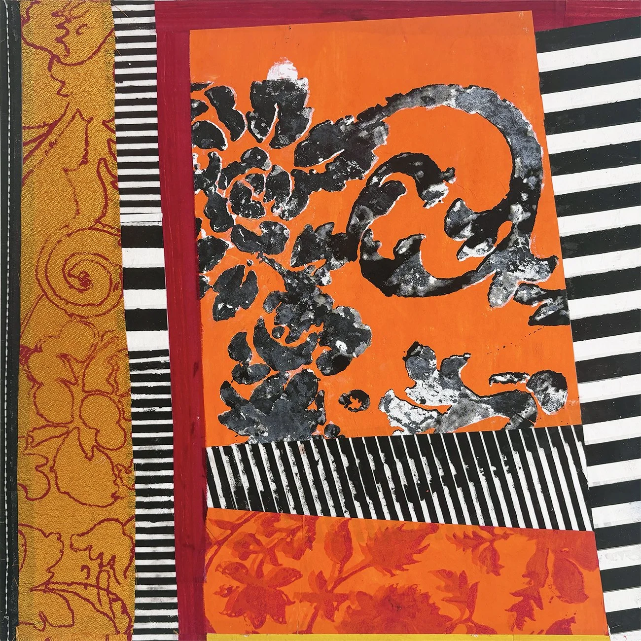 All Things Tango  16"x16" Acrylic, enamel and flashe on brocade and Japanese papers on panel 2025