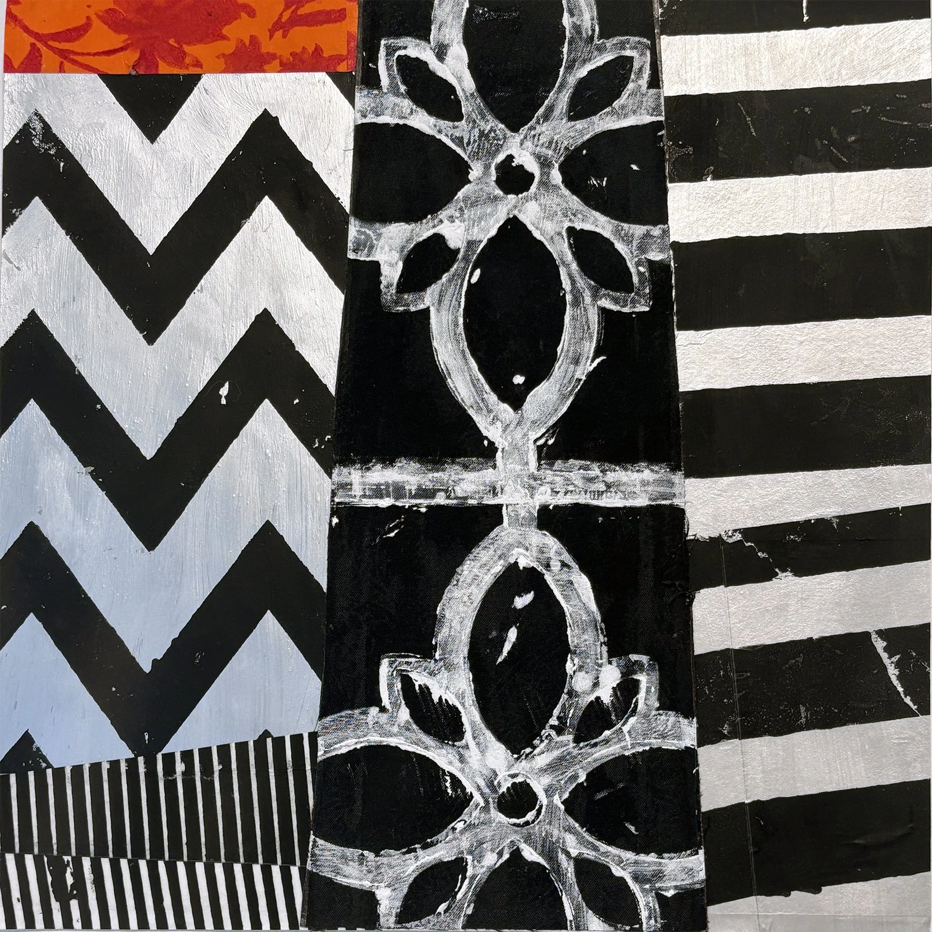 Water Library 16"x16" Acrylic, and silver paint on cotton fabric and Japanese papers on panel 2025