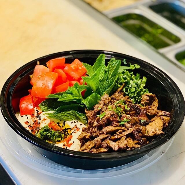 Mixed Shawarma Plate- mixture of lamb and tri-tip beef cooked on a vertical grill, served with cilantro, tomato, onion, tahini and creamy hummus - gluten free - available takeout &amp; delivery - www.mezzathyme.com #santabarbara #takeout #shawarma