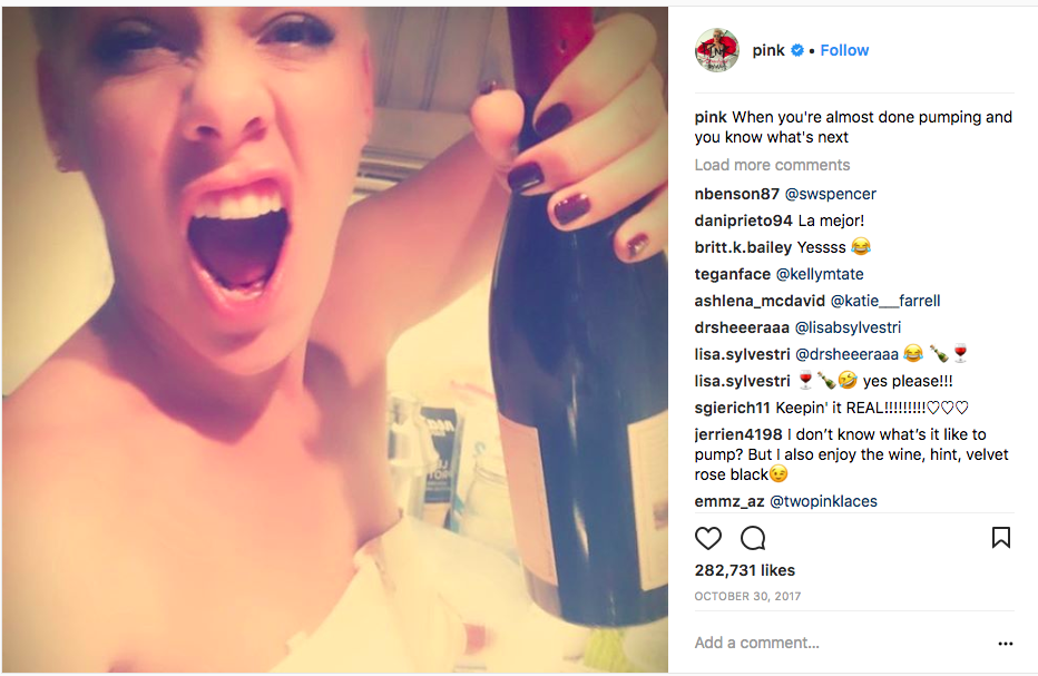 Pink pumping a bottle of vino on  IG .